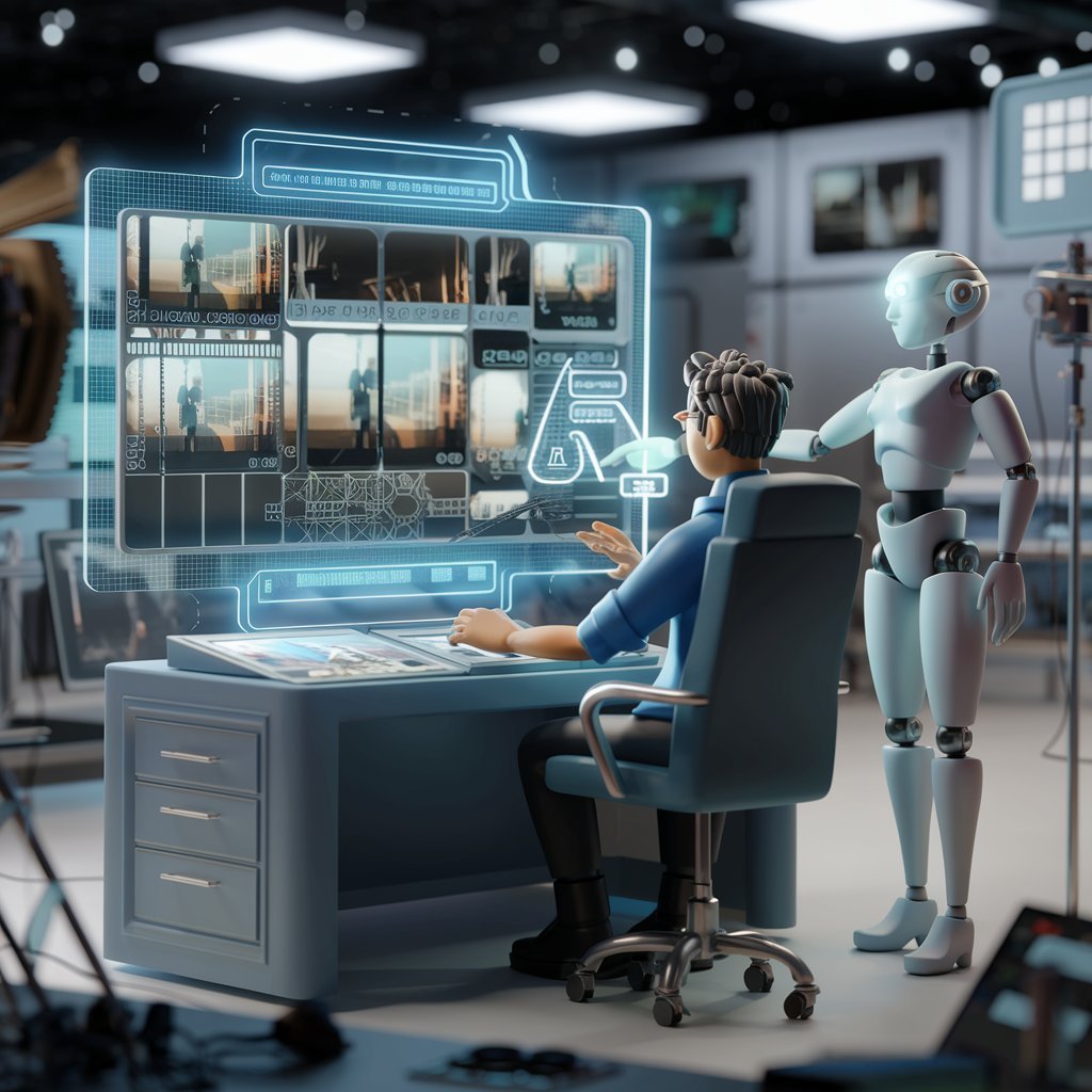 A filmmaker working with a 3D-rendered storyboard while an AI assistant highlights and adjusts key scenes on a holographic screen.