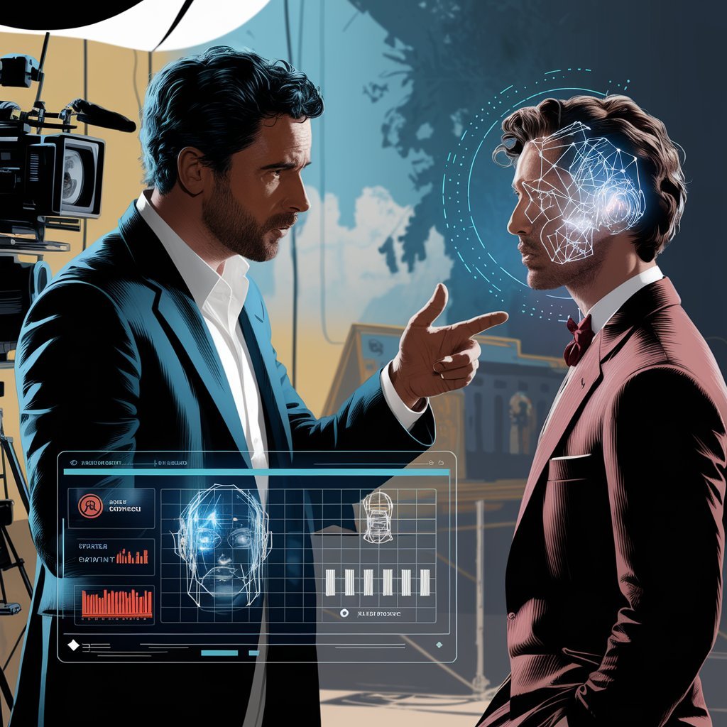 A director working with an actor, while an AI holographic display provides emotion and performance analysis data.