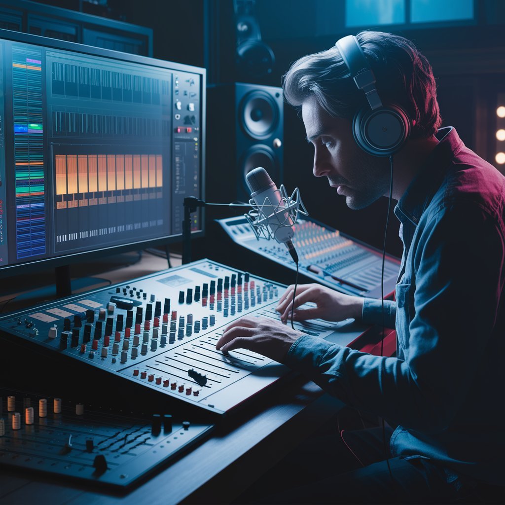 A sound designer working on a mixing board, while Sora AI generates music notes and balances soundscapes on a screen.