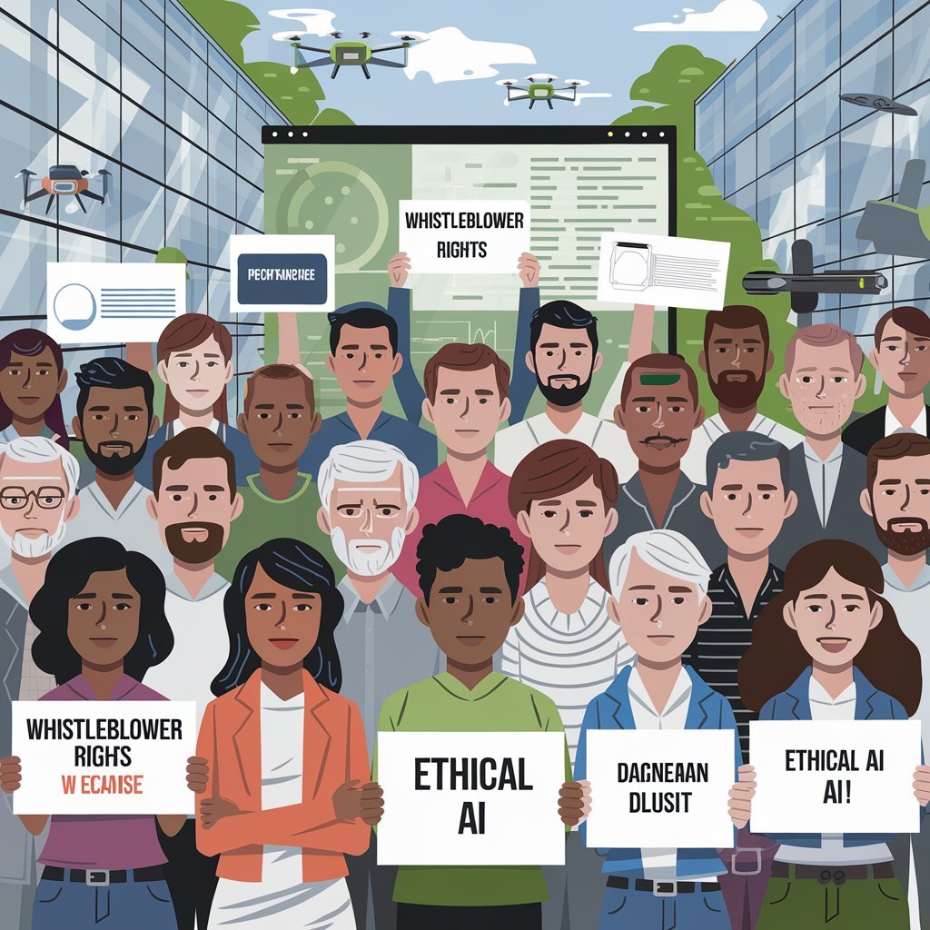 a picture of a diverse group of people united, holding signs advocating whistleblower rights and ethical AI, set against a backdrop of a tech-forward world.