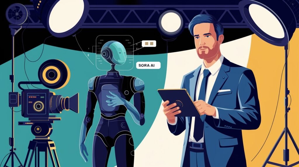 A futuristic studio setting with a director holding a tablet, while an AI holographic assistant (labeled "Sora AI") hovers nearby, assisting with film production showing Sora AI in Filmmaking.