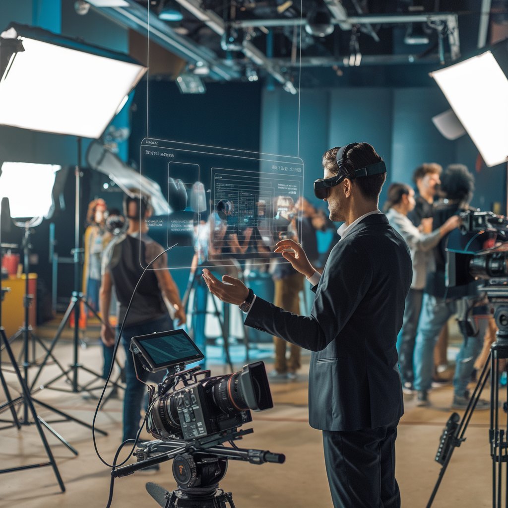 A bustling film set with Sora AI providing real-time feedback on a holographic screen about lighting and scene optimization