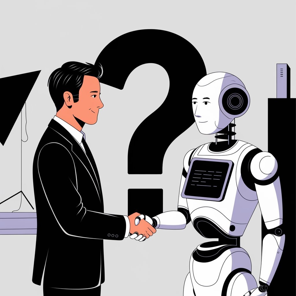 A thought-provoking image of a filmmaker and an AI assistant shaking hands, symbolizing collaboration with a question mark in the background.