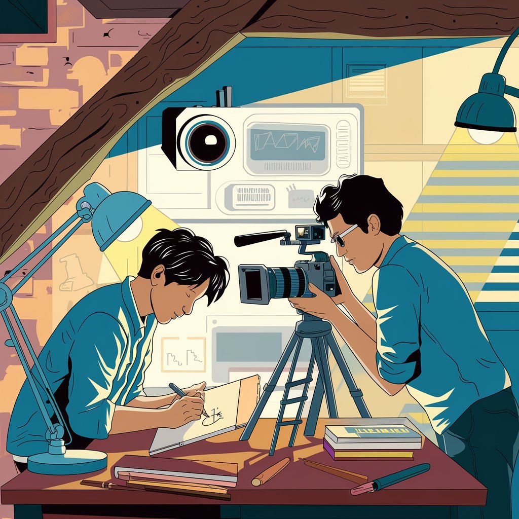 A creative studio with an artist and filmmaker collaborating, AI assisting in the background with digital tools.