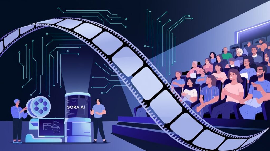 A futuristic film reel intertwining with glowing AI circuits, symbolizing the seamless integration of technology and creativity. The background features filmmakers collaborating with an AI assistant labeled "Sora AI" and a cinema audience captivated by the final product.