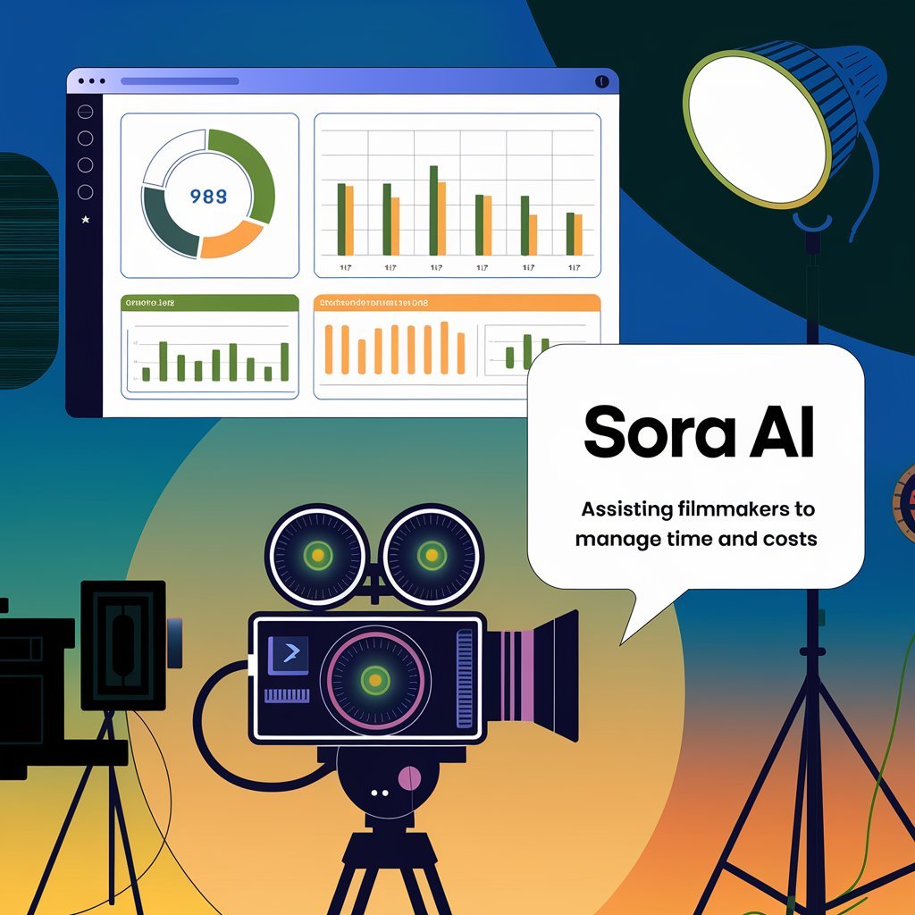 A virtual dashboard displaying charts and schedules, with Sora AI assisting filmmakers to manage time and costs.