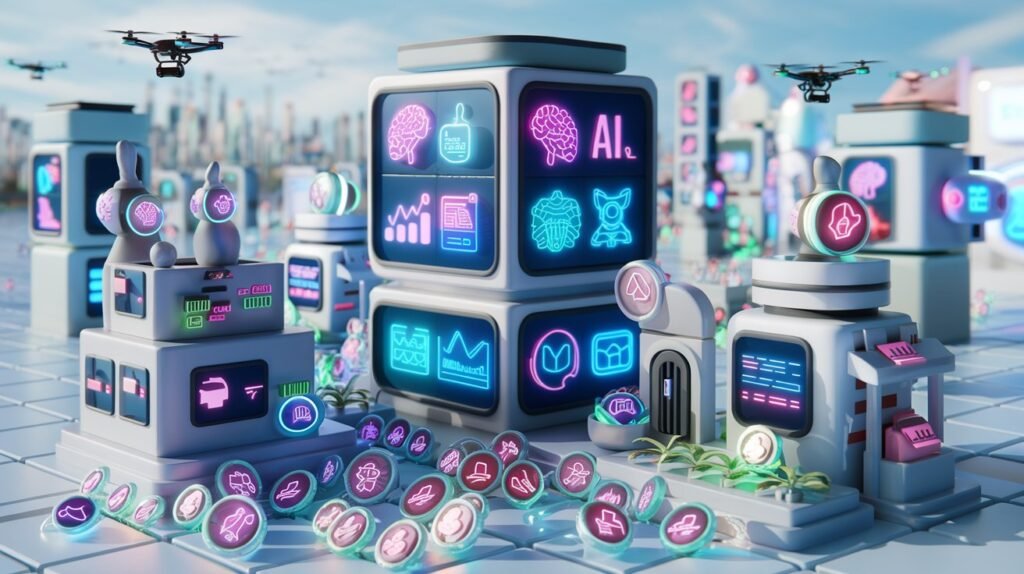 A picture showing Top AI Tools Changing Industries, a vibrant futuristic cityscape with glowing AI icons integrated into daily life, representing the importance of AI in business and society in 2025.