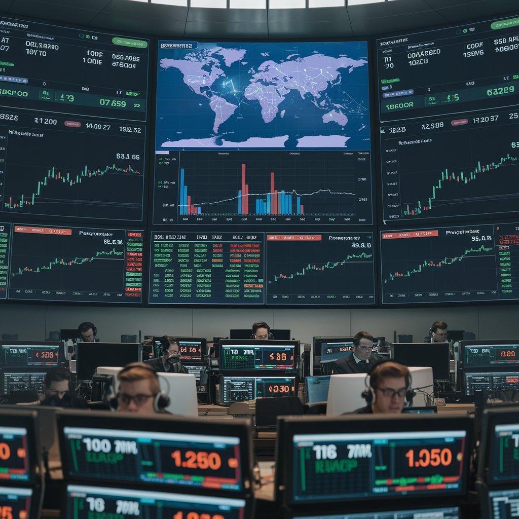 Digital stock market screens with AI-powered algorithms visualizing real-time data for high-frequency trading.