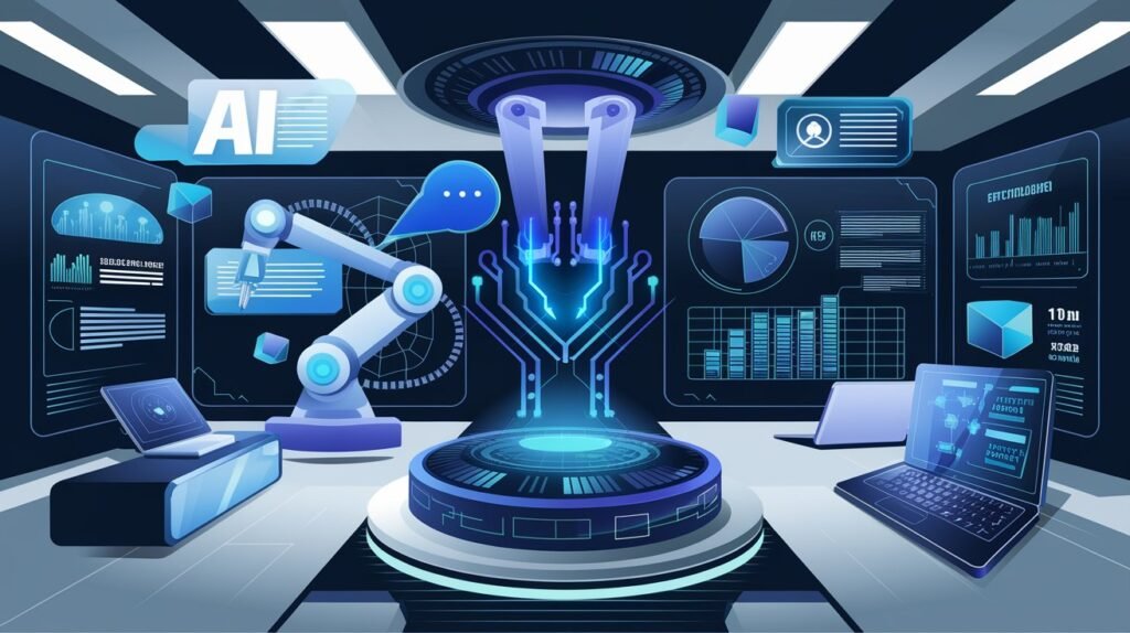 A futuristic graphic showcasing AI-powered tools like robotic arms, chat interfaces, and data charts symbolizing advanced technology in a sleek, corporate environment.