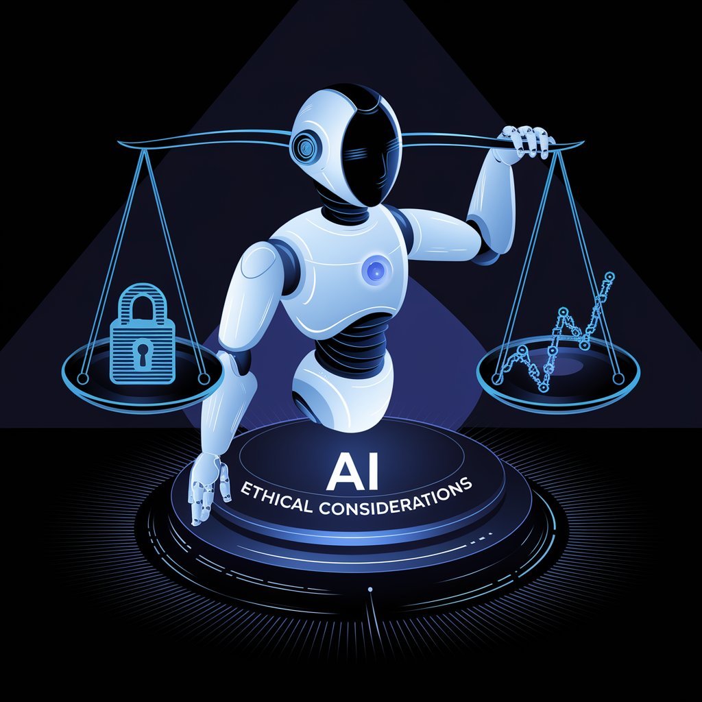A symbolic image of AI balancing ethical considerations like data privacy and algorithm bias in a futuristic setting.