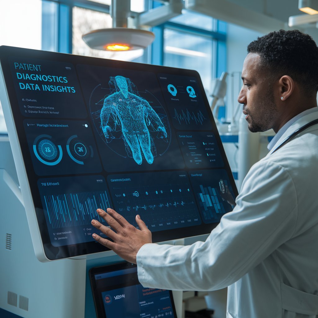 A doctor consulting an AI interface showing patient diagnostics and data insights in a modern medical lab.