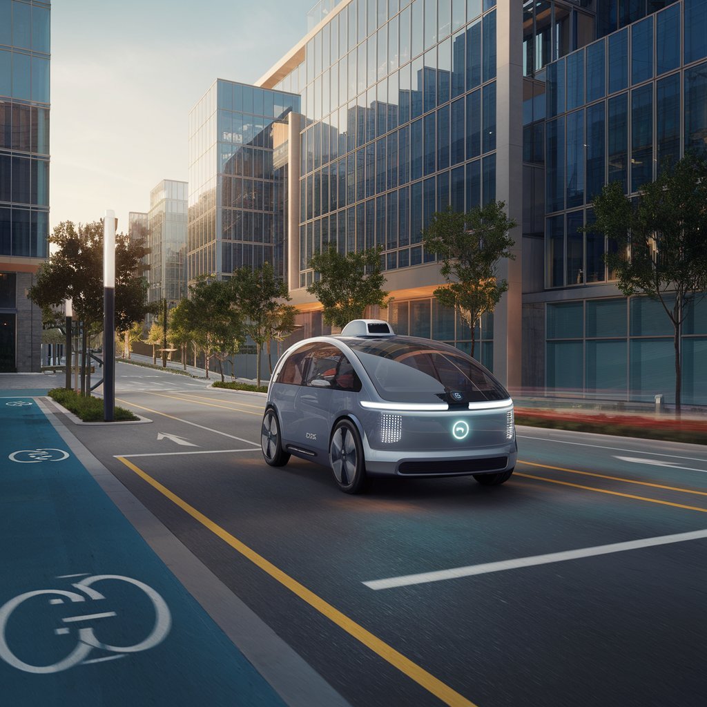 A self-driving car navigating a futuristic city street using advanced AI technologies.