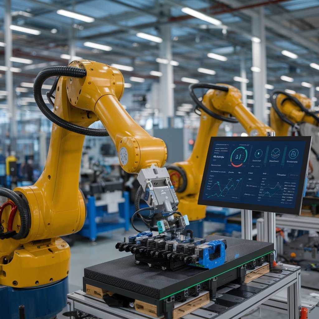 An industrial robot being monitored by an AI system predicting its maintenance requirements with minimal downtime showing how top AI Tools Changing Industries.
