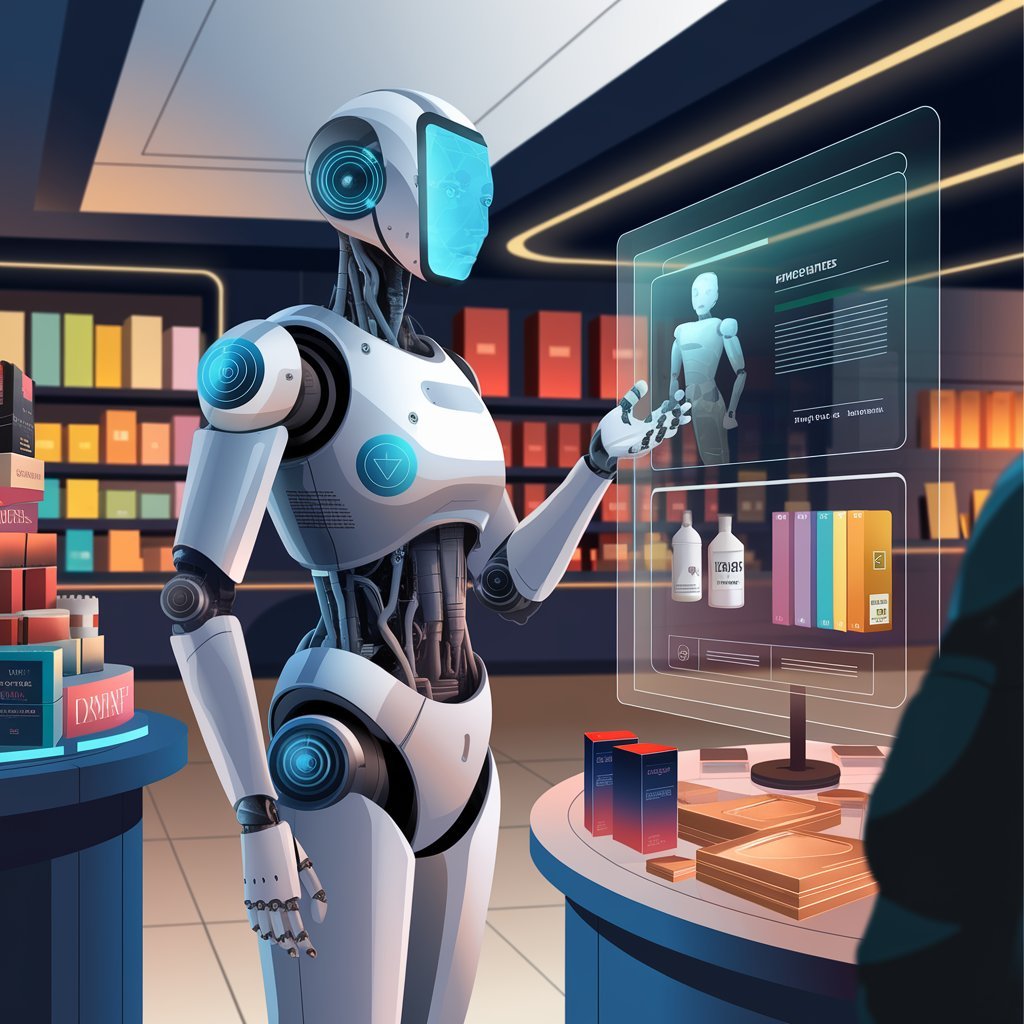 A digital shopping assistant powered by AI suggesting products based on a customer’s preferences in a sleek, modern store.
